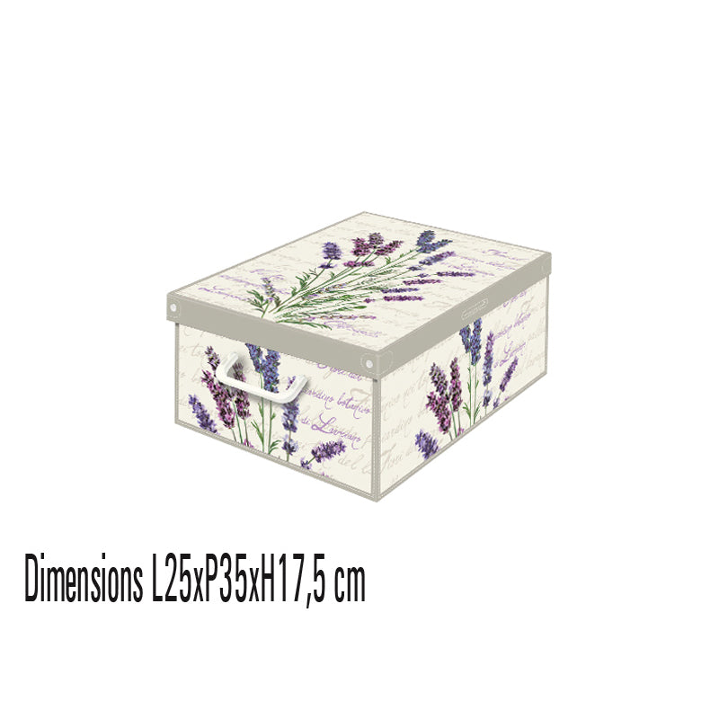 Cette boîte de rangement en carton parfumé, format Small décor lavande, allie praticité et élégance. Fabriquée en carton cellulosix recyclé, elle est solide, supportant jusqu’à 30 kg.