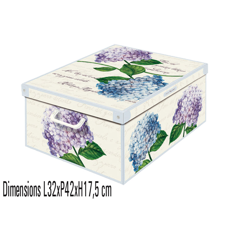 Cette boîte de rangement en carton de la collection Floral, format Midi, allie praticité et esthétique avec son décor hortensia. Conçue en carton recyclé et imprimée avec des encres à base d'eau sans solvants, elle est respectueuse de l’environnement.
