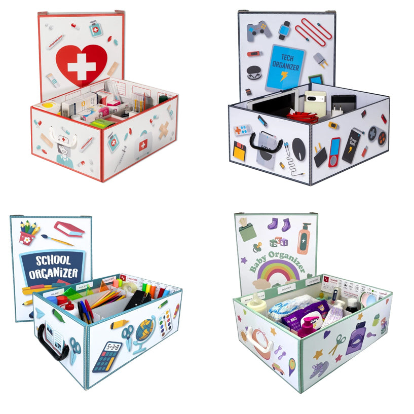 Boîtes de rangement Lavatelli en carton recyclé, fabriquées en Italie. Format 42x32x17,5 cm. Idéales pour médicaments, trousses d’urgence, câbles, chargeurs, fournitures scolaires ou accessoires bébé. Écologiques et élégantes.