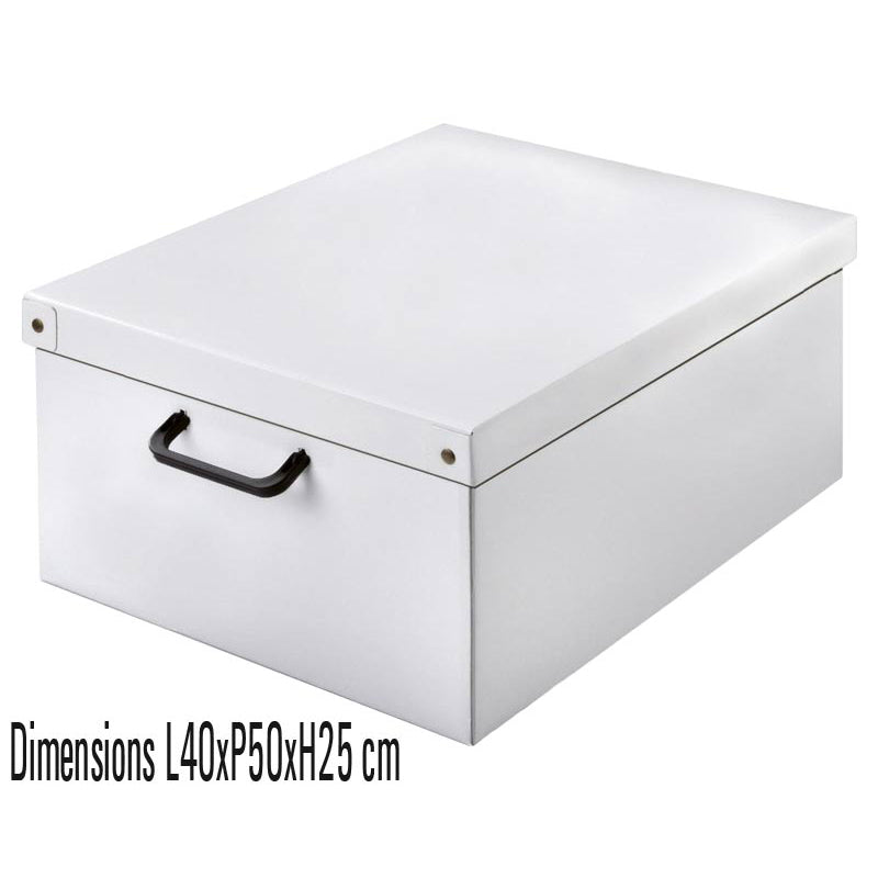 Cette boîte de rangement en carton blanc allie praticité et élégance. Fabriquée en Italie à partir de carton recyclé, elle respecte l'environnement grâce à ses encres sans solvant et sa surface plastifiée