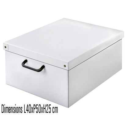 Cette boîte de rangement en carton blanc allie praticité et élégance. Fabriquée en Italie à partir de carton recyclé, elle respecte l'environnement grâce à ses encres sans solvant et sa surface plastifiée