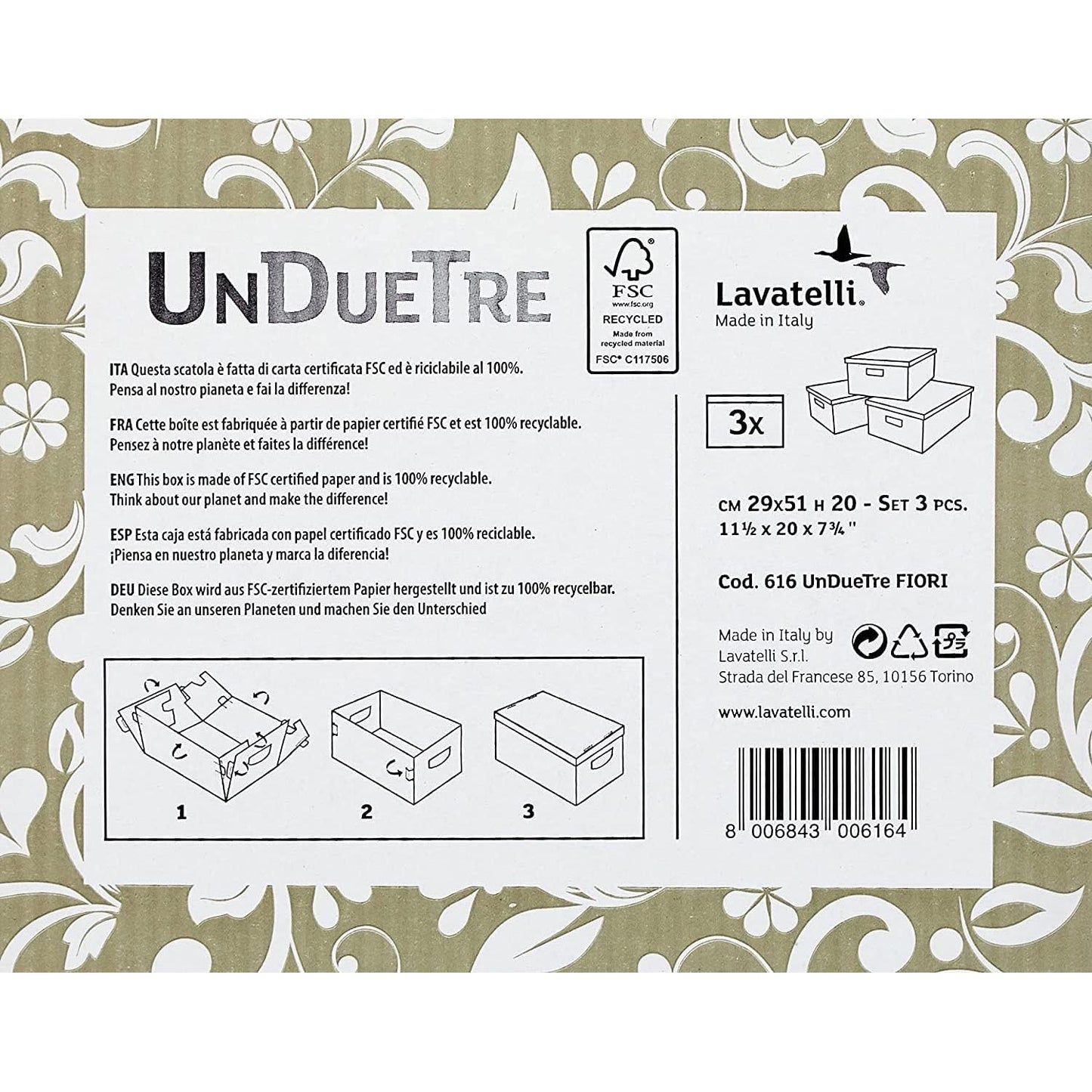 Ensemble de 3 boîtes de rangement en carton recyclable fabriquées en Italie par Lavatelli.