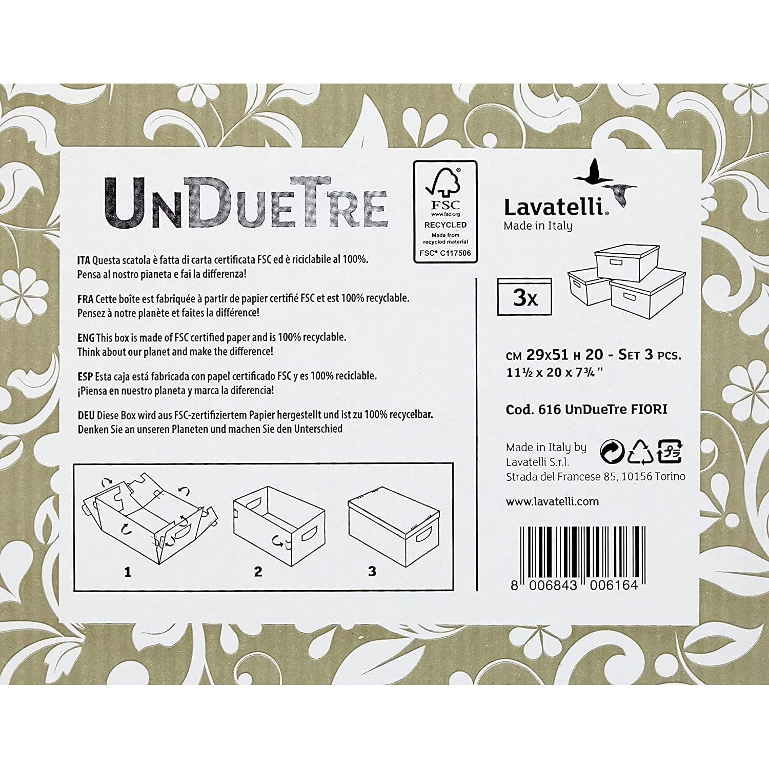 Ensemble de 3 boîtes de rangement en carton recyclable fabriquées en Italie par Lavatelli.