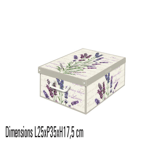 Cette boîte de rangement en carton parfumé, format Small décor lavande, allie praticité et élégance. Fabriquée en carton cellulosix recyclé, elle est solide, supportant jusqu’à 30 kg.