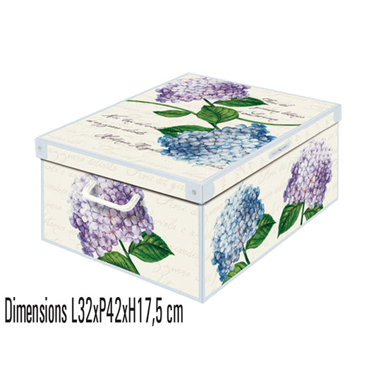 Cette boîte de rangement en carton de la collection Floral, format Midi, allie praticité et esthétique avec son décor hortensia. Conçue en carton recyclé et imprimée avec des encres à base d'eau sans solvants, elle est respectueuse de l’environnement.