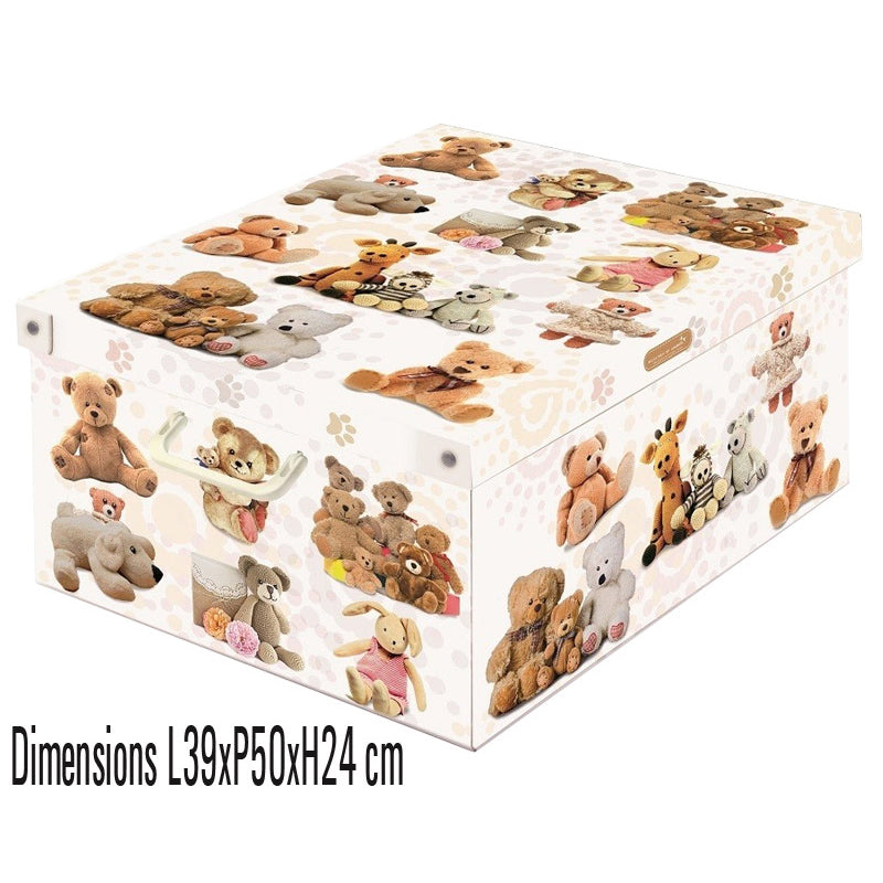 La boîte de rangement en carton pliable de la collection Trendy décor Peluches allie praticité et robustesse. Avec ses dimensions généreuses (39x50x24 cm), elle convient parfaitement pour organiser linge de maison.