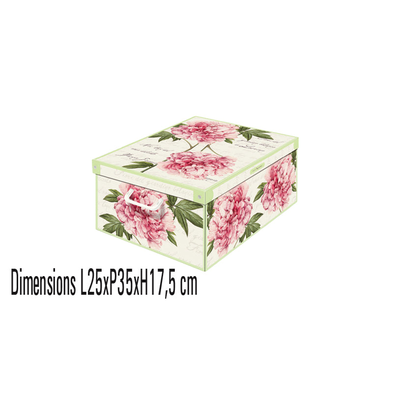 Cette boîte de rangement en carton format small, issue de la collection floral décor pivoine, allie esthétique et fonctionnalité