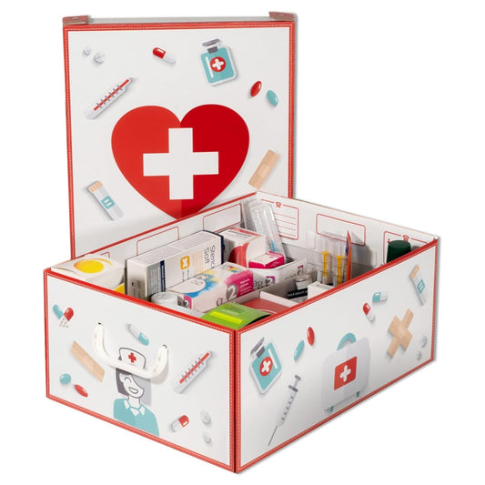 Cette boîte de rangement en carton recyclé est conçue pour organiser efficacement vos médicaments et accessoires de santé. Ses multiples compartiments facilitent le tri de vos traitements et vitamines,