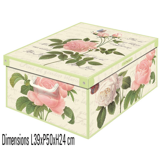 Cette boîte de rangement en carton recyclé allie élégance et robustesse avec son décor floral rose imprimé à l’encre sans solvant. Fabriquée en Italie.