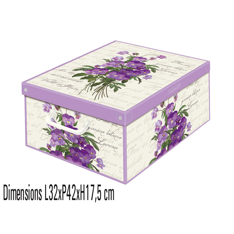 Cette boîte de rangement en carton parfumée de la collection Floral, format Midi, allie praticité et esthétisme. Son couvercle libère un délicat parfum de violette au toucher, offrant une expérience sensorielle unique. Conçue en carton recyclé avec une impression écologique sans solvants, elle mesure 32 x 42 x 17,5 cm.