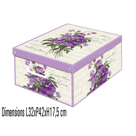 Cette boîte de rangement en carton parfumée de la collection Floral, format Midi, allie praticité et esthétisme. Son couvercle libère un délicat parfum de violette au toucher, offrant une expérience sensorielle unique. Conçue en carton recyclé avec une impression écologique sans solvants, elle mesure 32 x 42 x 17,5 cm.